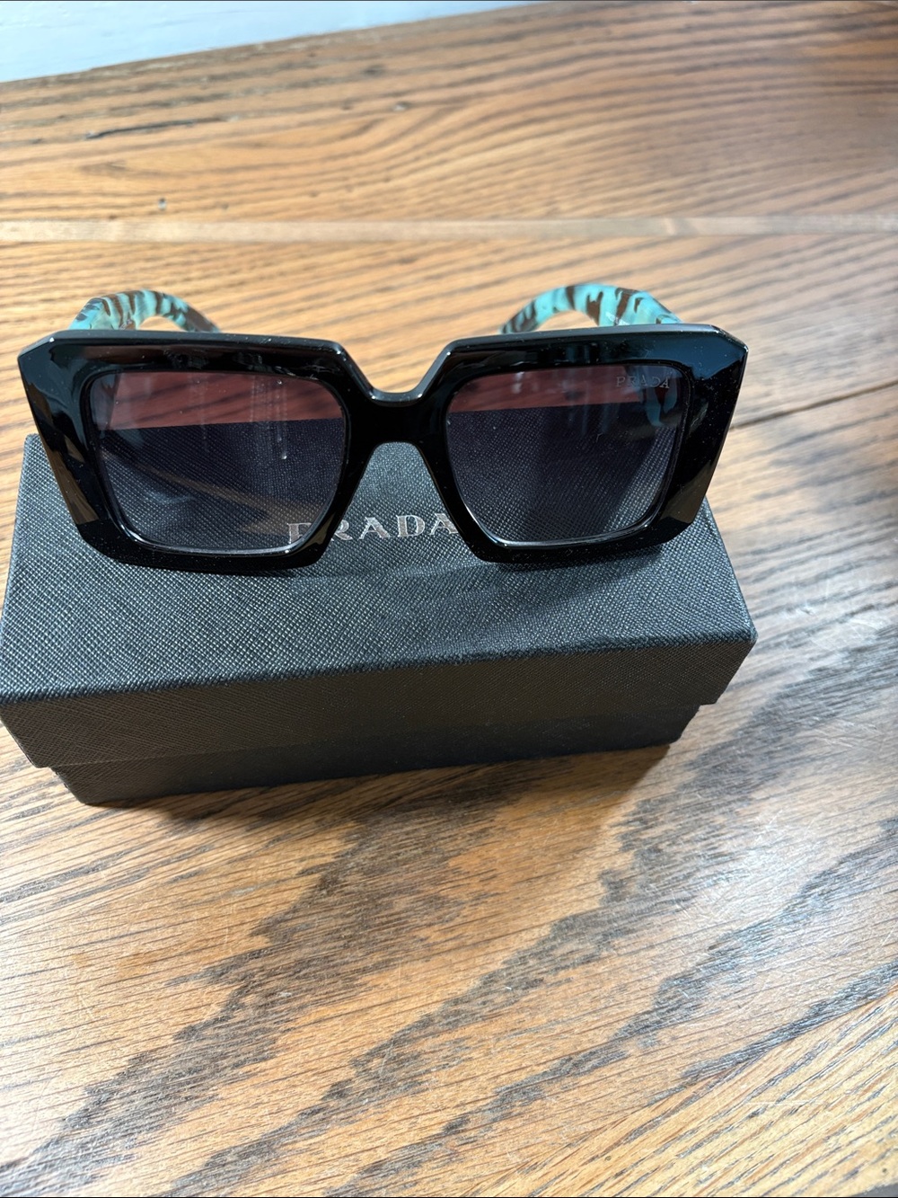 Prada Women’s Square Sunglasses with Turquoise Camo Temples